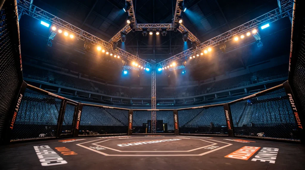 Octógono do UFC com iluminação dramática durante evento ao vivo