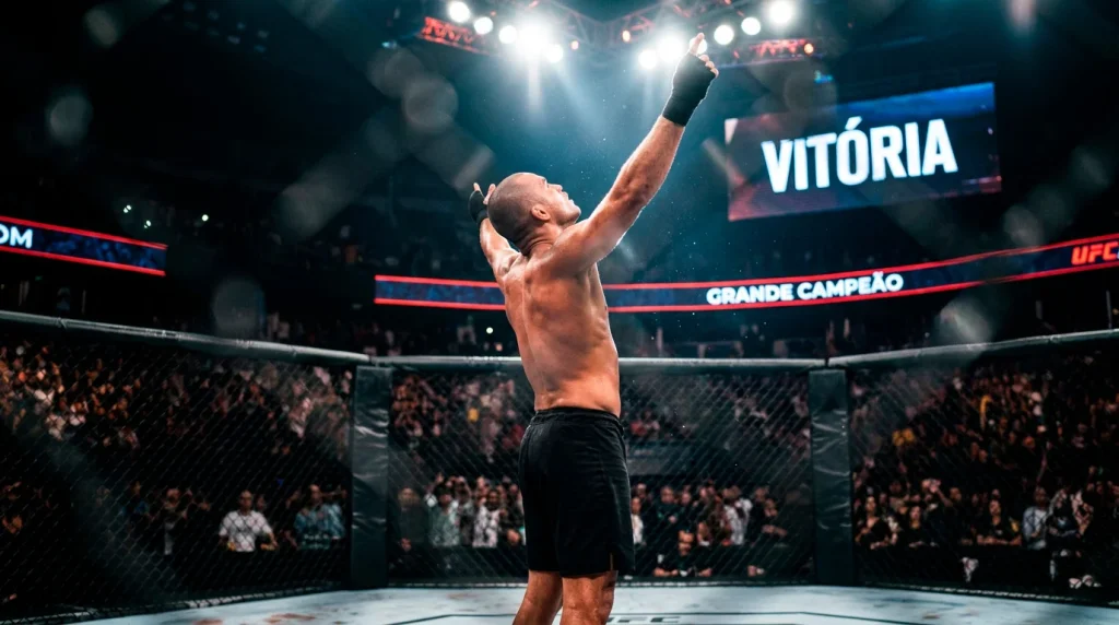 Lutador lusófono celebrando vitória no octógono do UFC